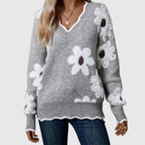 THEA - Elegáns V-nyakú pulóver virágmintával